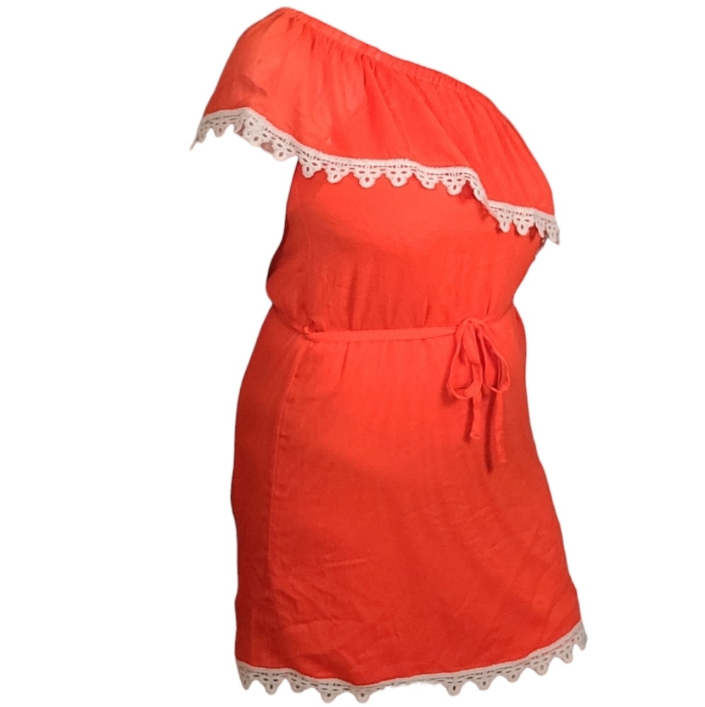 Charming Charlie One Shoulder Minidress Orange White Crochet Trim Size Medium - Picture 3 of 7